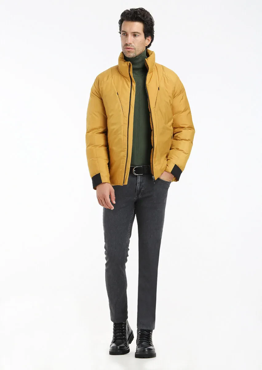 Yellow Regular Fit Turtleneck Casual Weaving Coat - 1