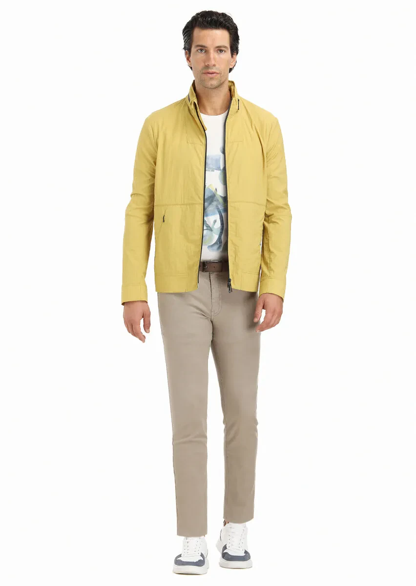 Yellow Regular Fit Turtleneck Casual Weaving Removable Hood Coat - 1