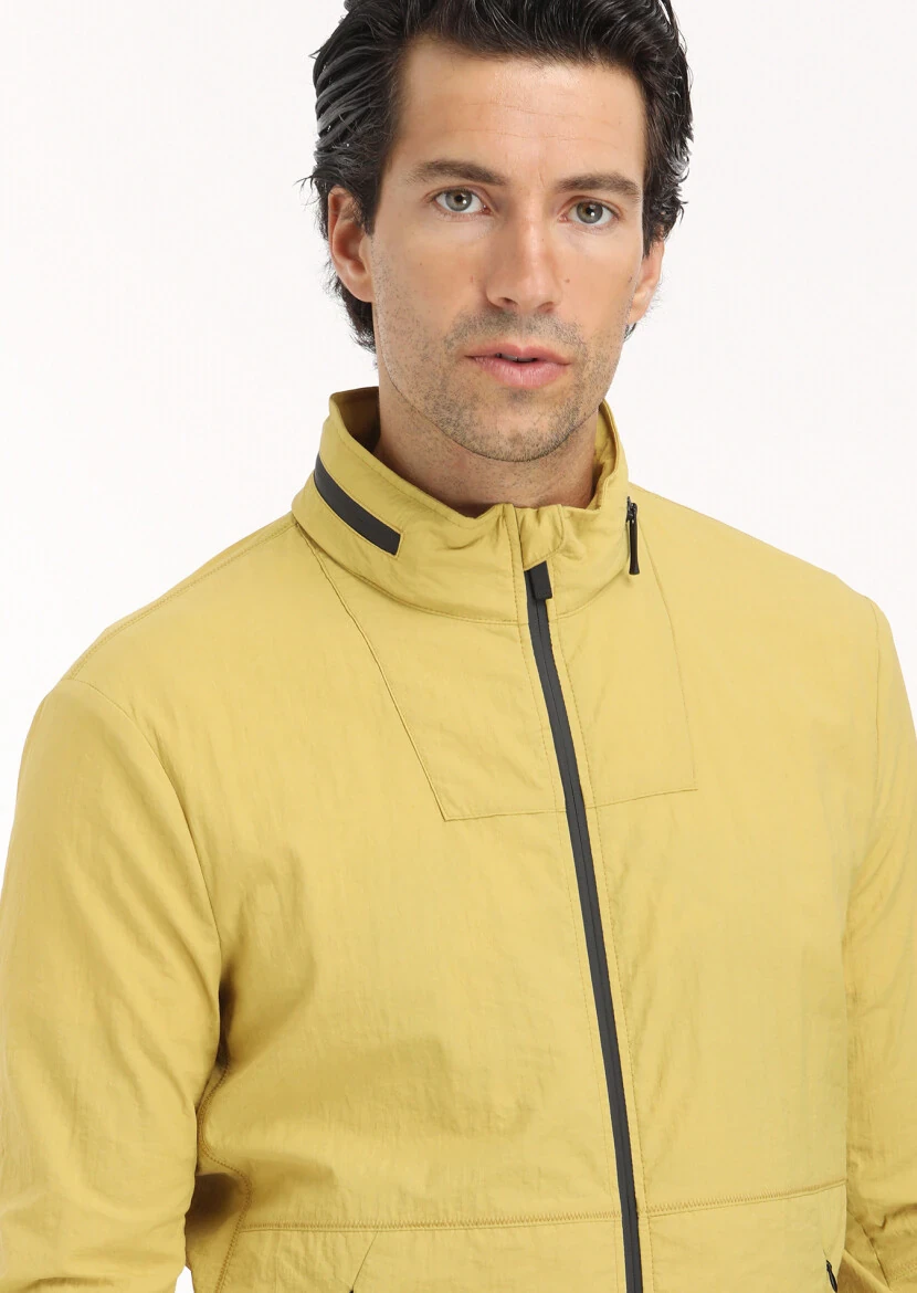 Yellow Regular Fit Turtleneck Casual Weaving Removable Hood Coat - 3