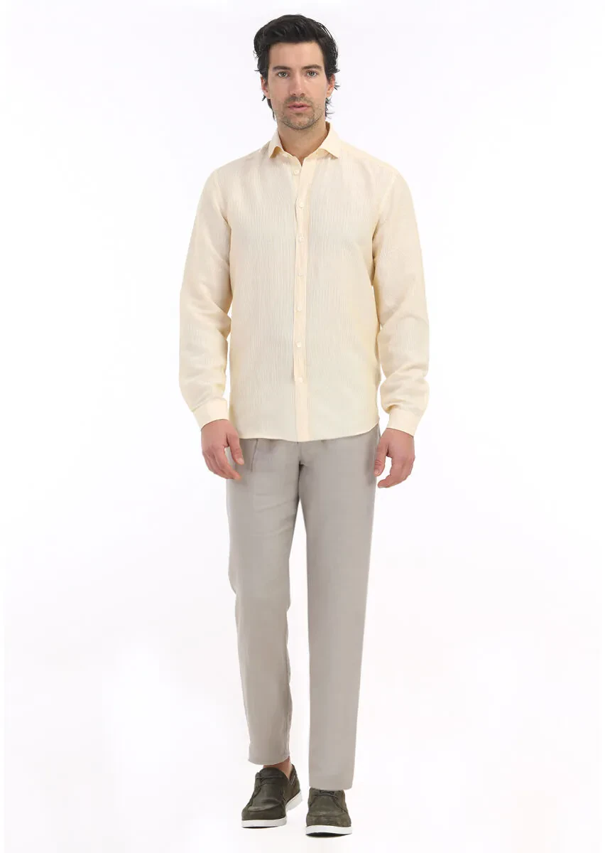 Yellow Striped Regular Fit Weaving Casual Linen Blended Shirt - 1