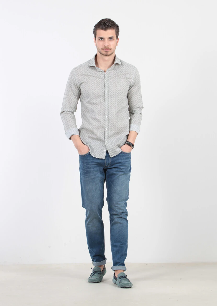 Yeşil Baskılı Fitted Fit Dokuma Casual %100 Pamuk Gömlek - 1