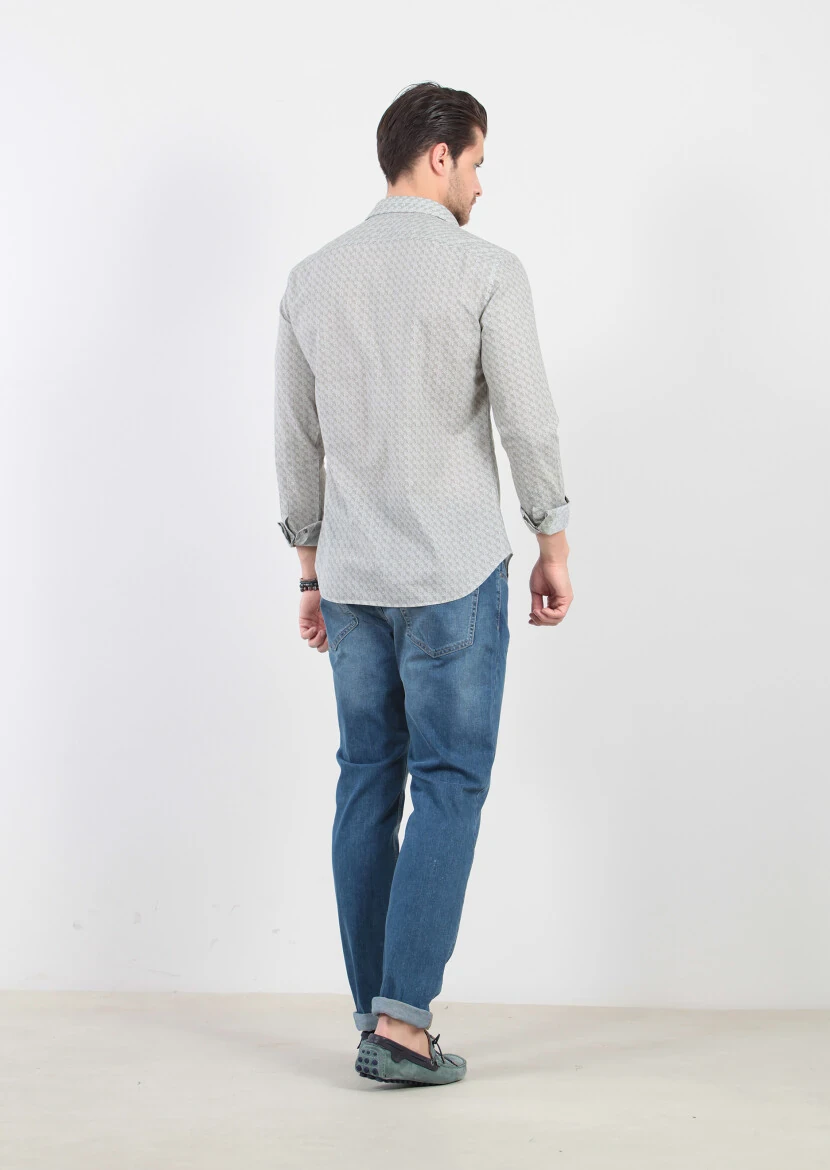 Yeşil Baskılı Fitted Fit Dokuma Casual %100 Pamuk Gömlek - 4