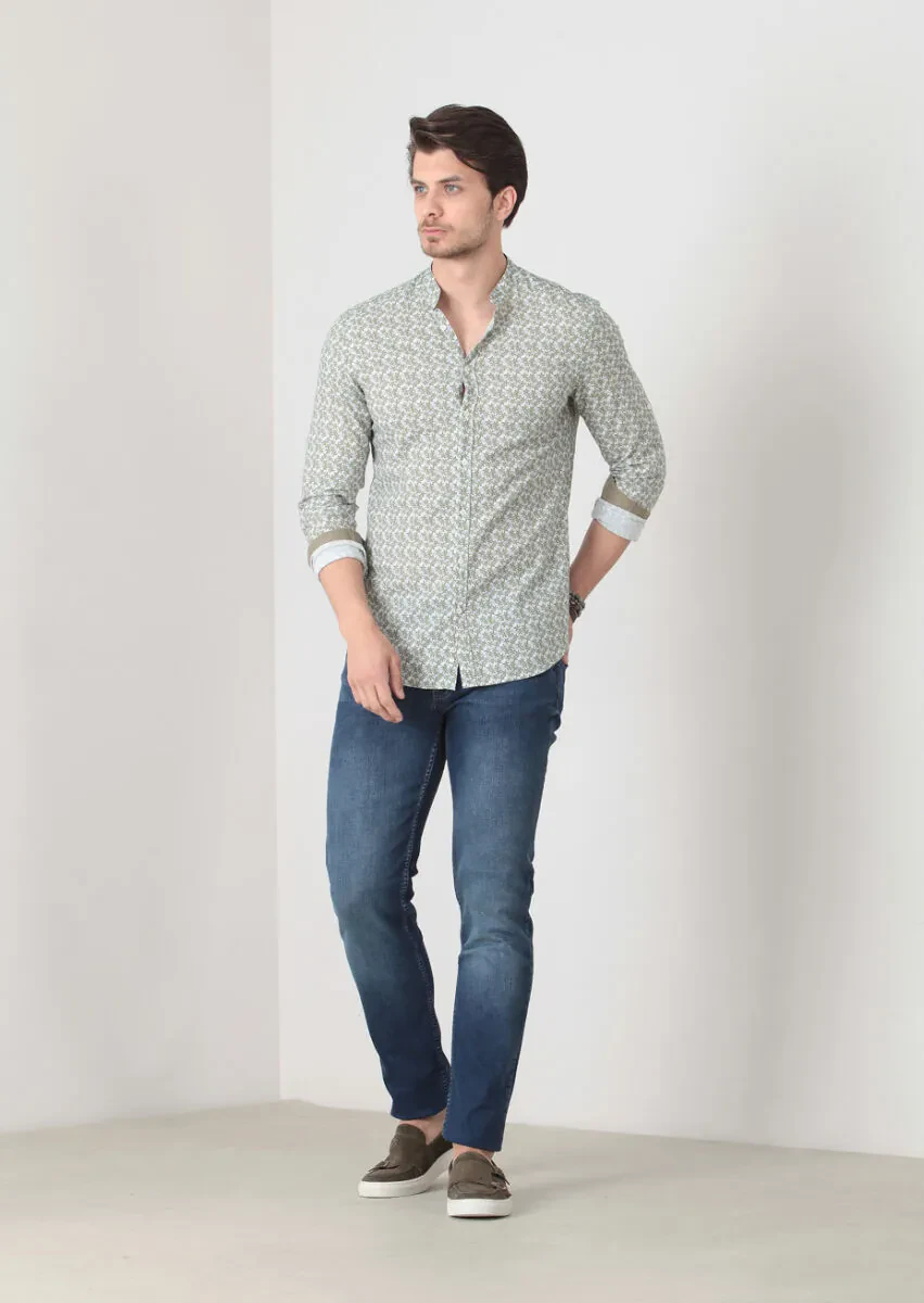 Yeşil Baskılı Fitted Fit Dokuma Casual %100 Pamuk Gömlek - 3