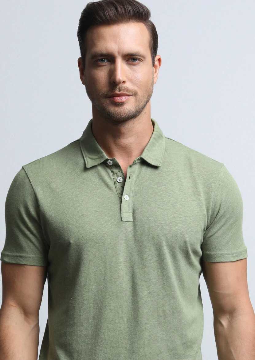 Yeşil Baskılı Polo Yaka Pamuk Karışımlı T-Shirt - 2