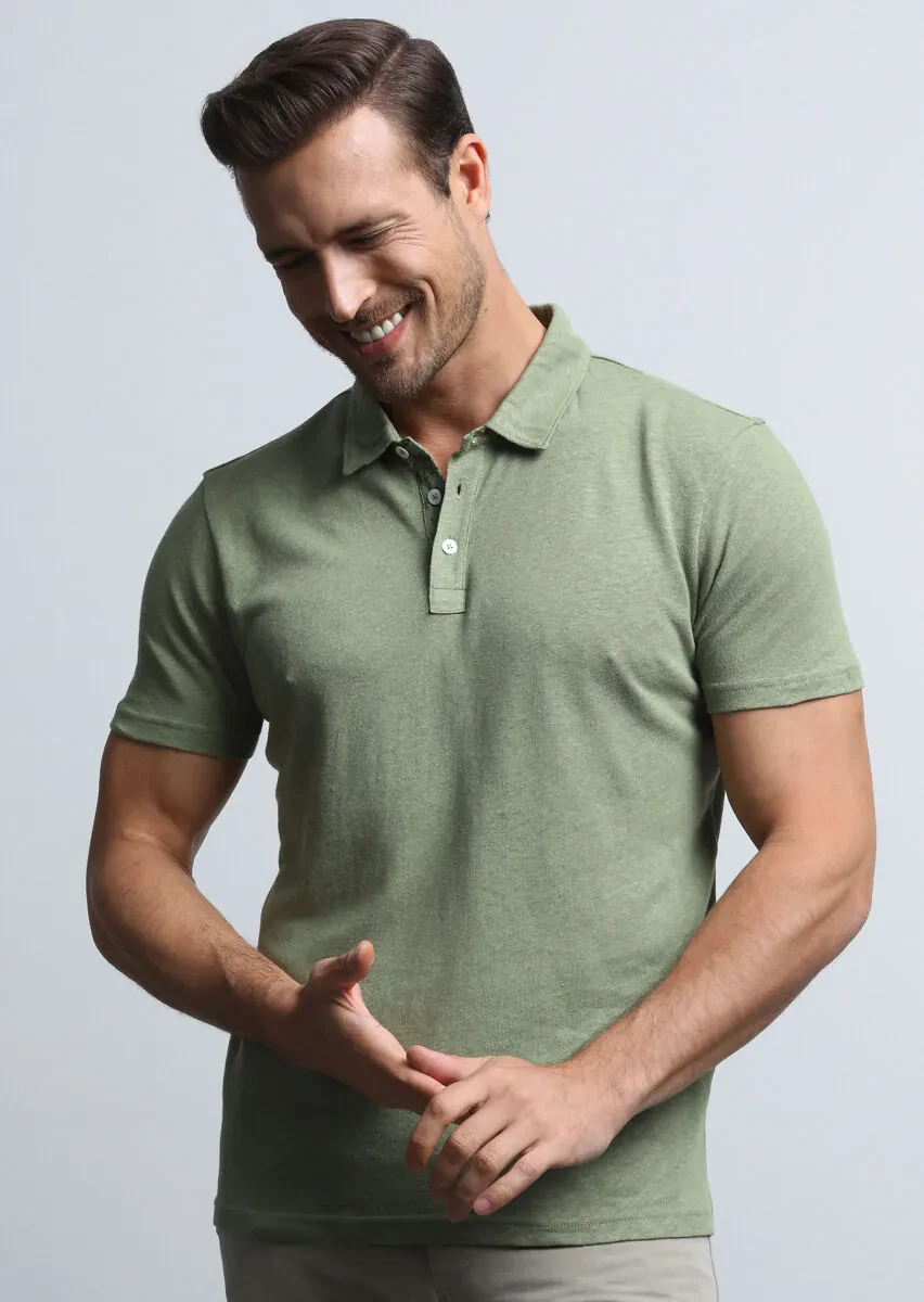 Yeşil Baskılı Polo Yaka Pamuk Karışımlı T-Shirt - 4