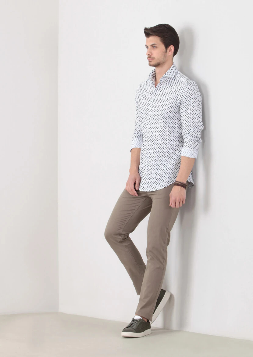 Yeşil Baskılı Slim Fit Dokuma Casual %100 Pamuk Gömlek - 1