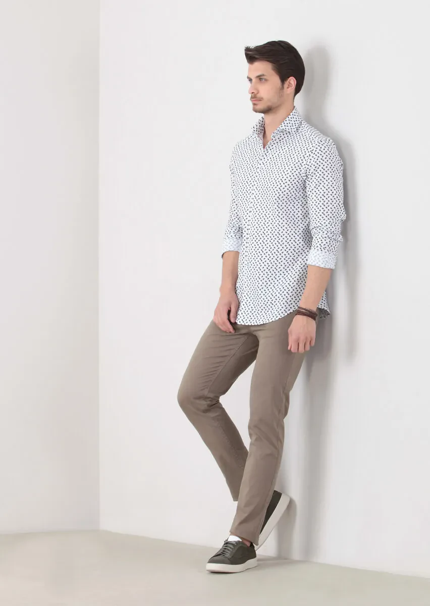 Yeşil Baskılı Slim Fit Dokuma Casual %100 Pamuk Gömlek - 1