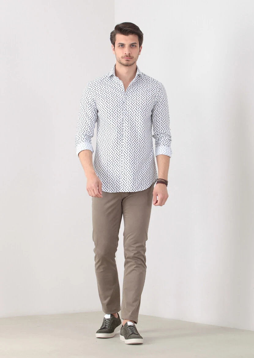 Yeşil Baskılı Slim Fit Dokuma Casual %100 Pamuk Gömlek - 2