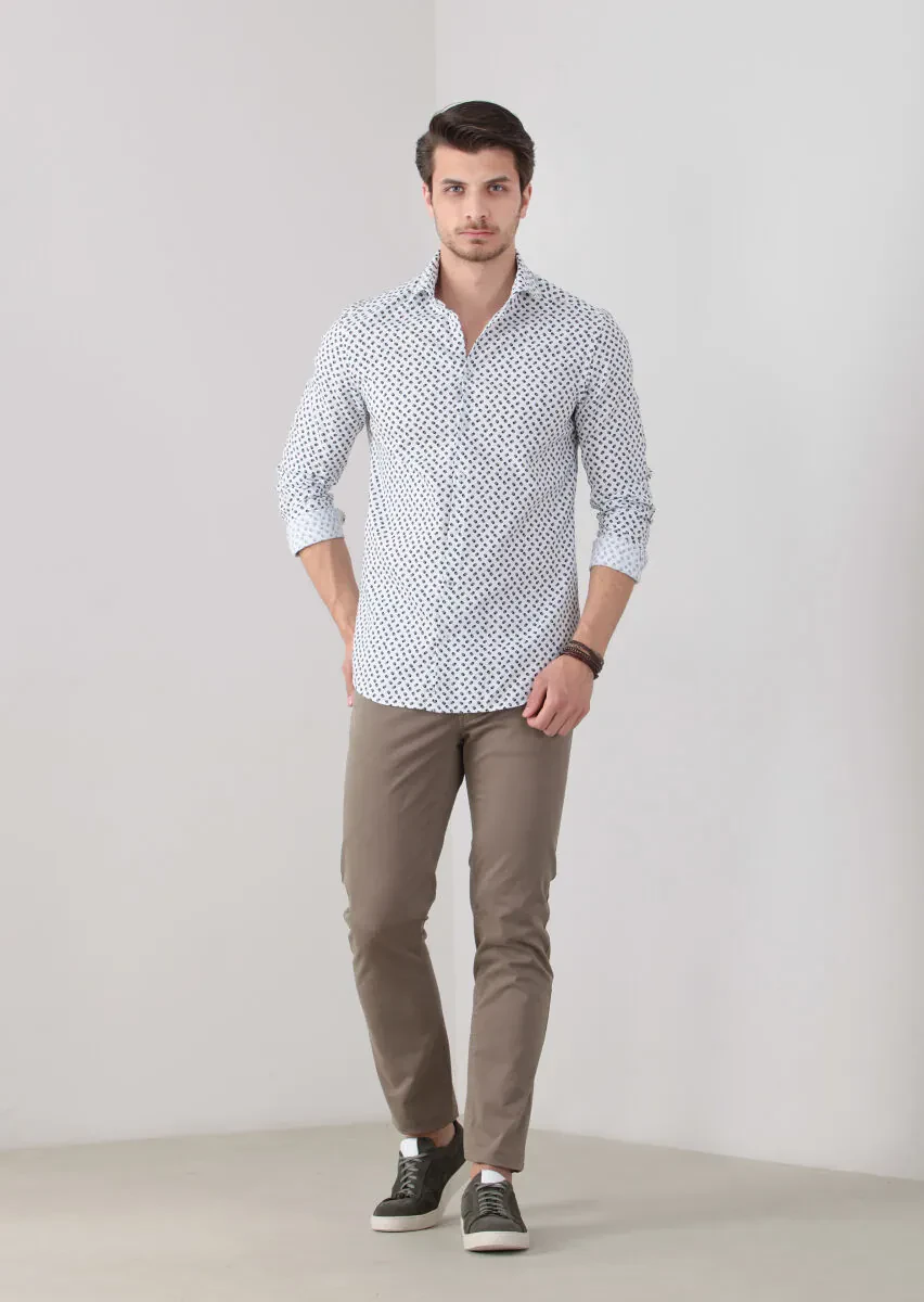 Yeşil Baskılı Slim Fit Dokuma Casual %100 Pamuk Gömlek - 3