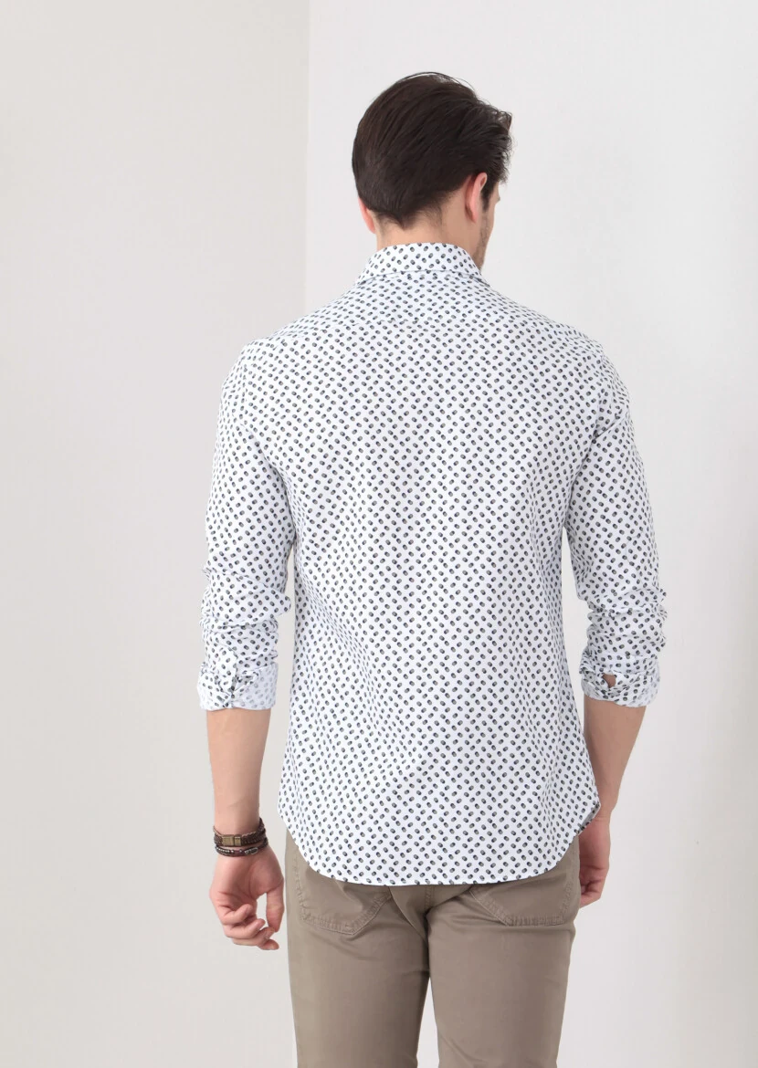 Yeşil Baskılı Slim Fit Dokuma Casual %100 Pamuk Gömlek - 5