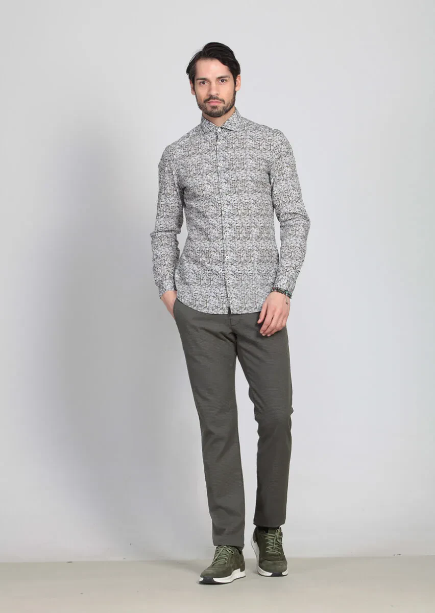 Yeşil Baskılı Slim Fit Dokuma Casual %100 Pamuk Gömlek - 1