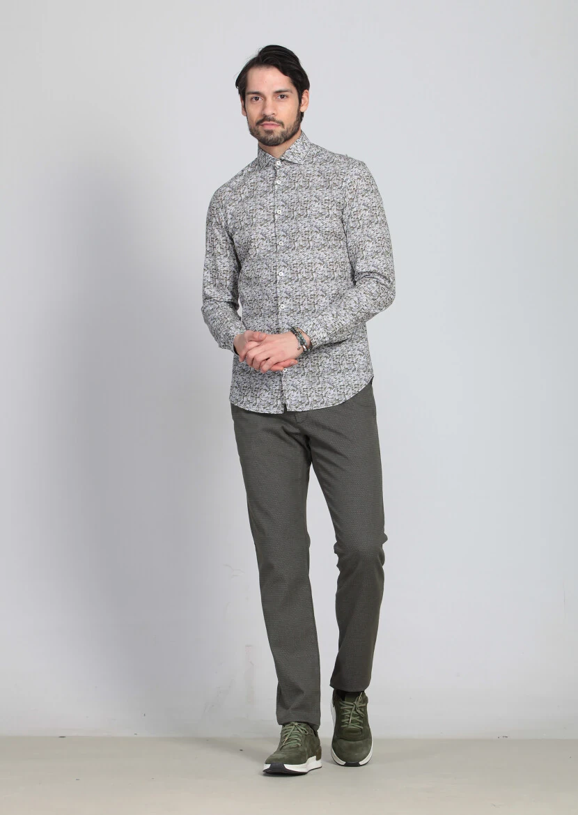 Yeşil Baskılı Slim Fit Dokuma Casual %100 Pamuk Gömlek - 3