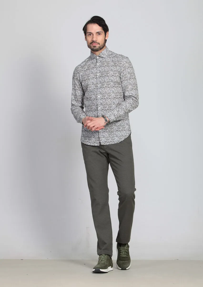 Yeşil Baskılı Slim Fit Dokuma Casual %100 Pamuk Gömlek - 3