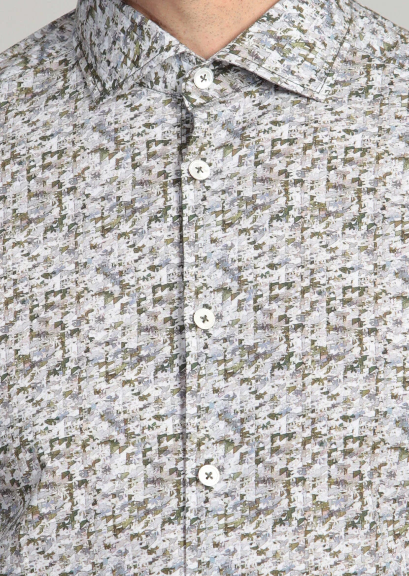 Yeşil Baskılı Slim Fit Dokuma Casual %100 Pamuk Gömlek - 4