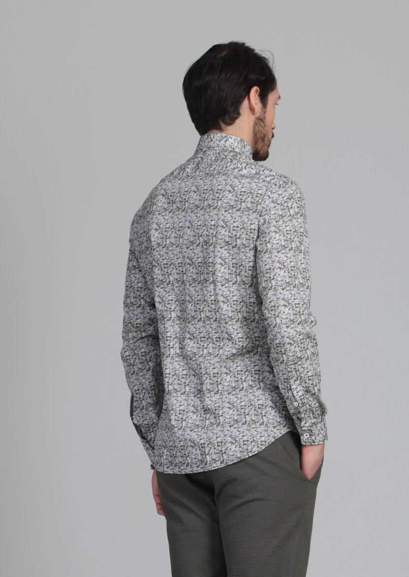 Yeşil Baskılı Slim Fit Dokuma Casual %100 Pamuk Gömlek - 5