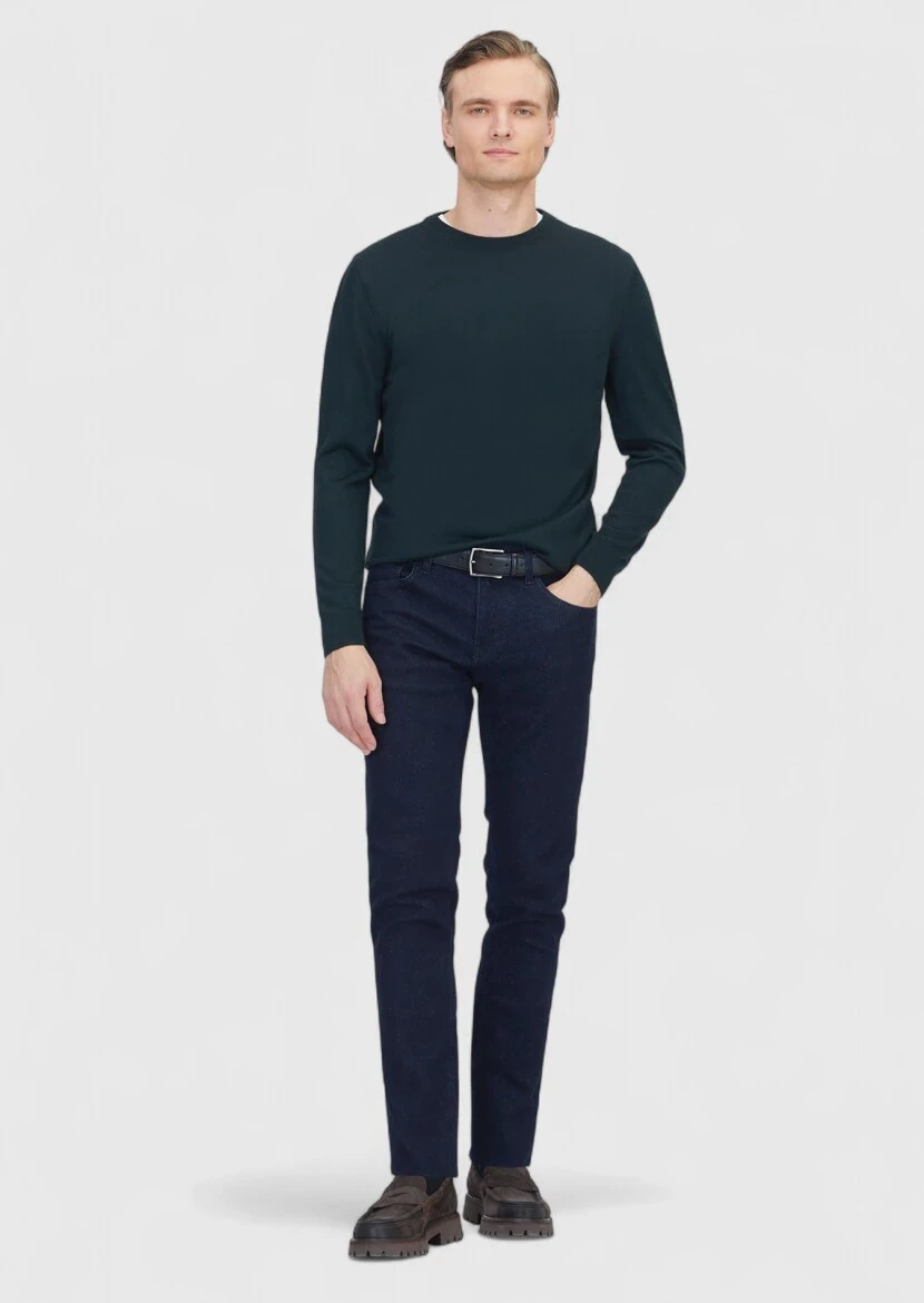 Yeşil Bisiklet Yaka Düz Örgü Yün Karışımlı Triko Kazak 