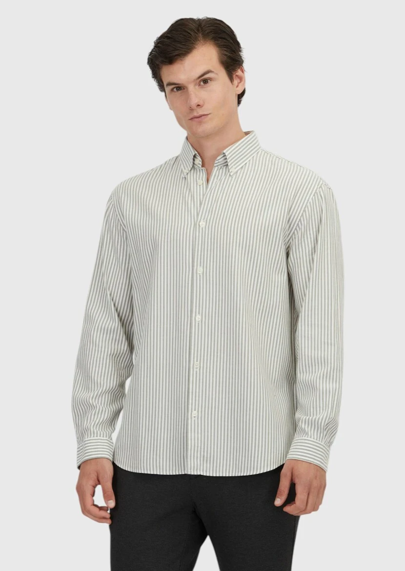 Yeşil Çizgili Loose Fit Dokuma Casual Pamuk Karışımlı Gömlek - RAMSEY