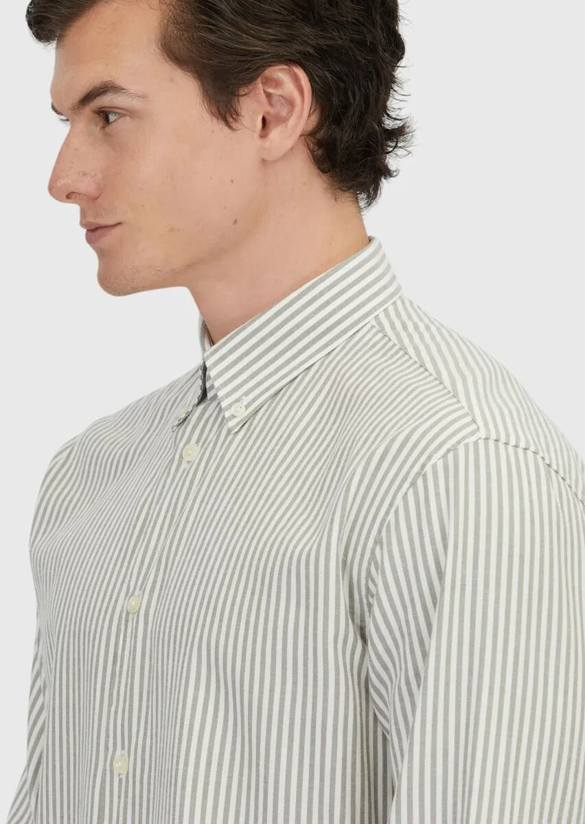 Yeşil Çizgili Loose Fit Dokuma Casual Pamuk Karışımlı Gömlek - 4