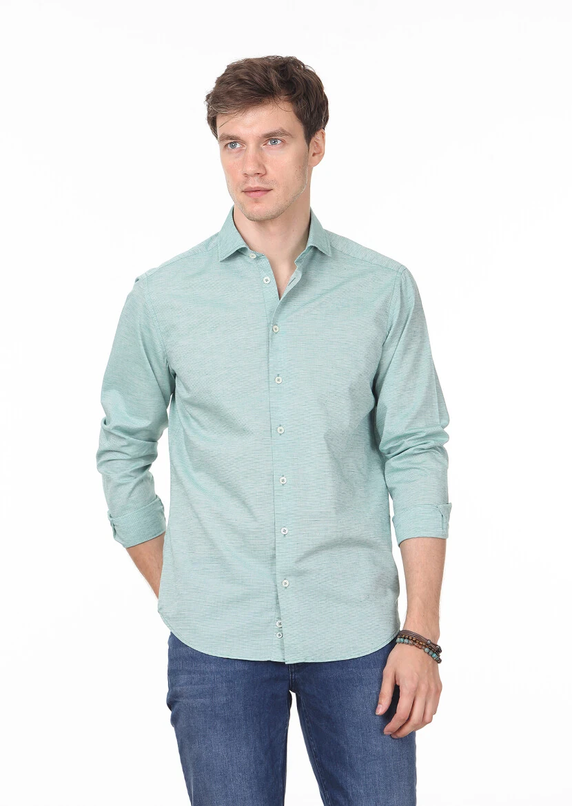 Yeşil Çizgili Regular Fit Dokuma Casual %100 Pamuk Gömlek - 1