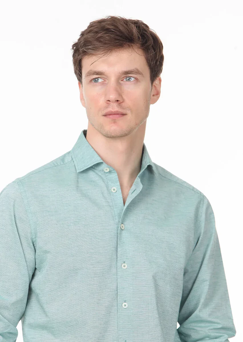 Yeşil Çizgili Regular Fit Dokuma Casual %100 Pamuk Gömlek - 2