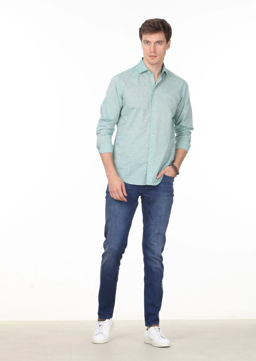 Yeşil Çizgili Regular Fit Dokuma Casual %100 Pamuk Gömlek - 3