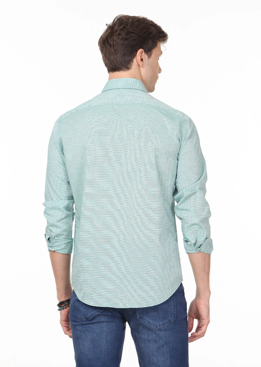 Yeşil Çizgili Regular Fit Dokuma Casual %100 Pamuk Gömlek - 4