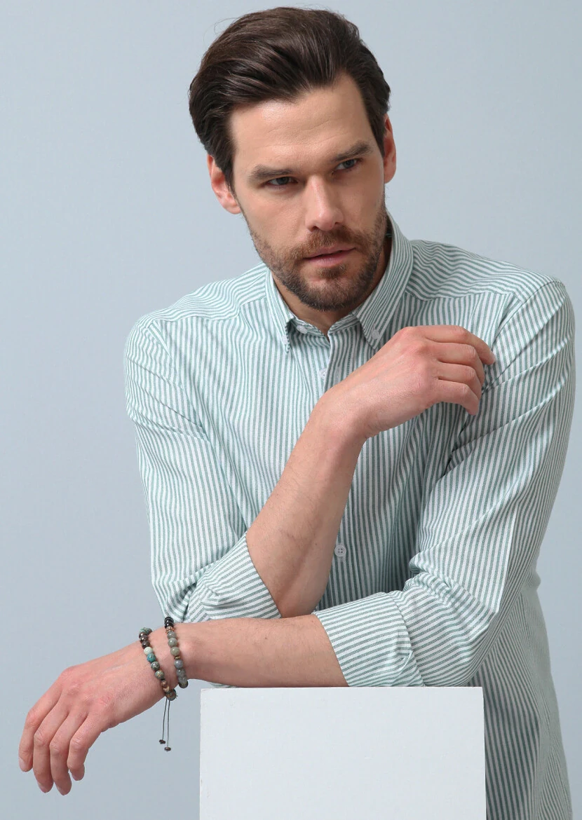 Yeşil Çizgili Regular Fit Dokuma Casual %100 Pamuk Gömlek - 1