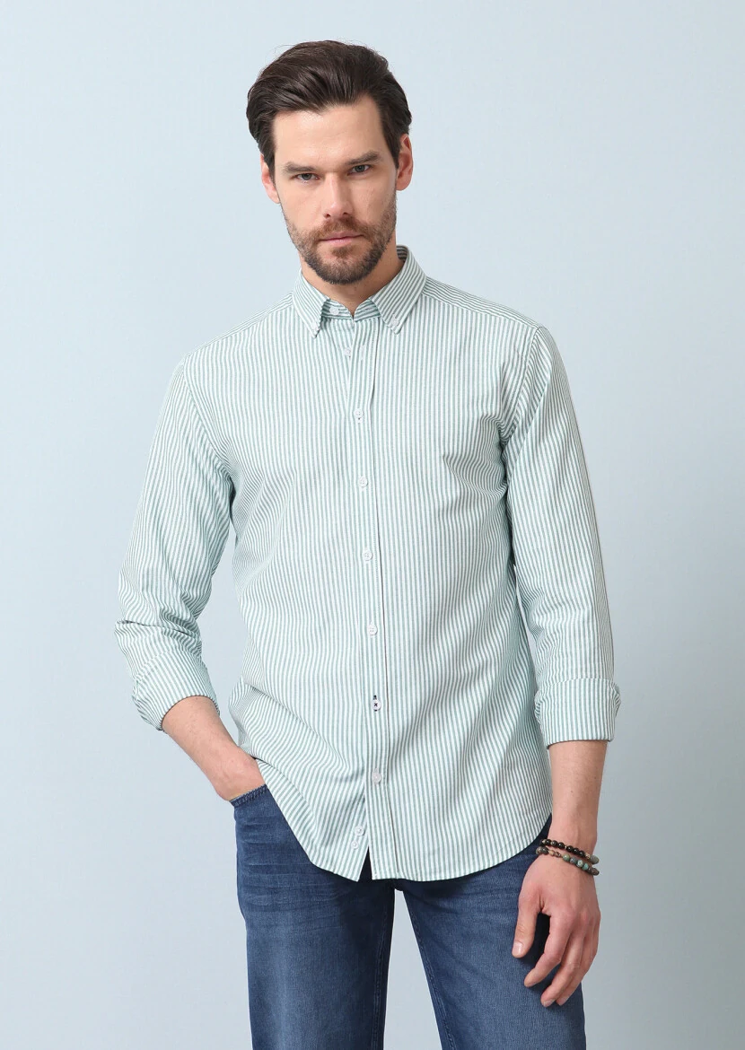 Yeşil Çizgili Regular Fit Dokuma Casual %100 Pamuk Gömlek - 2