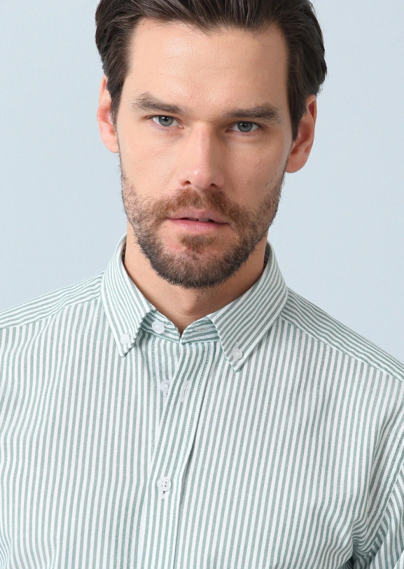 Yeşil Çizgili Regular Fit Dokuma Casual %100 Pamuk Gömlek - 3