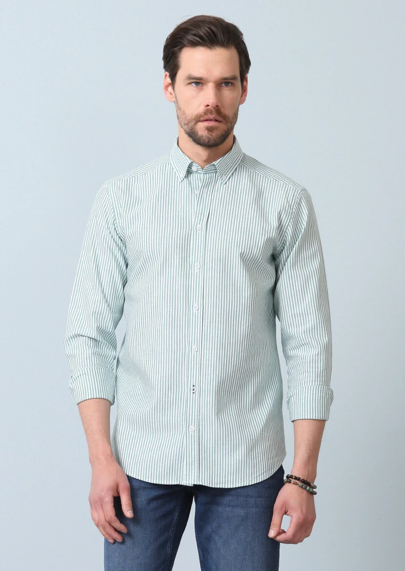 Yeşil Çizgili Regular Fit Dokuma Casual %100 Pamuk Gömlek - 4