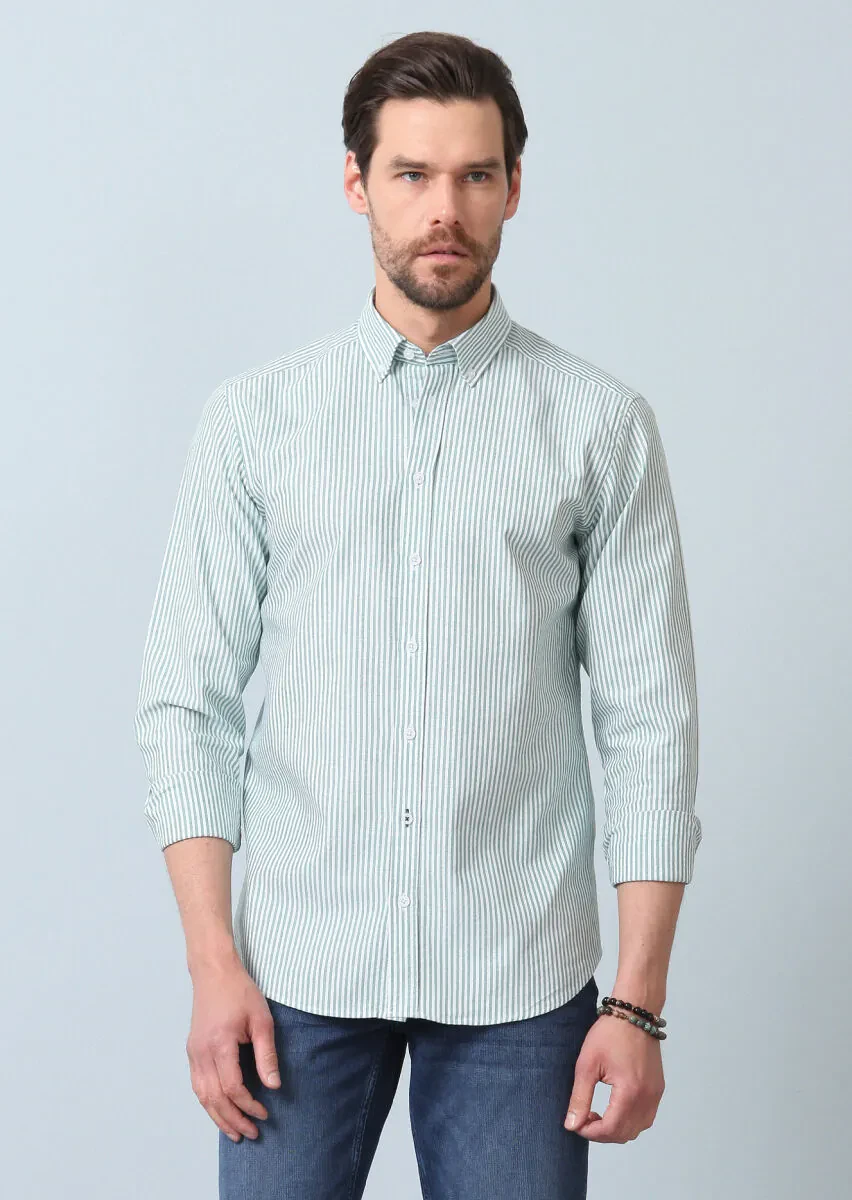 Yeşil Çizgili Regular Fit Dokuma Casual %100 Pamuk Gömlek - 4