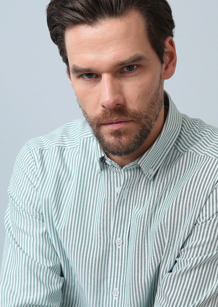 Yeşil Çizgili Regular Fit Dokuma Casual %100 Pamuk Gömlek - 5