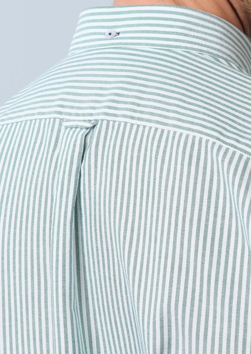 Yeşil Çizgili Regular Fit Dokuma Casual %100 Pamuk Gömlek - 6