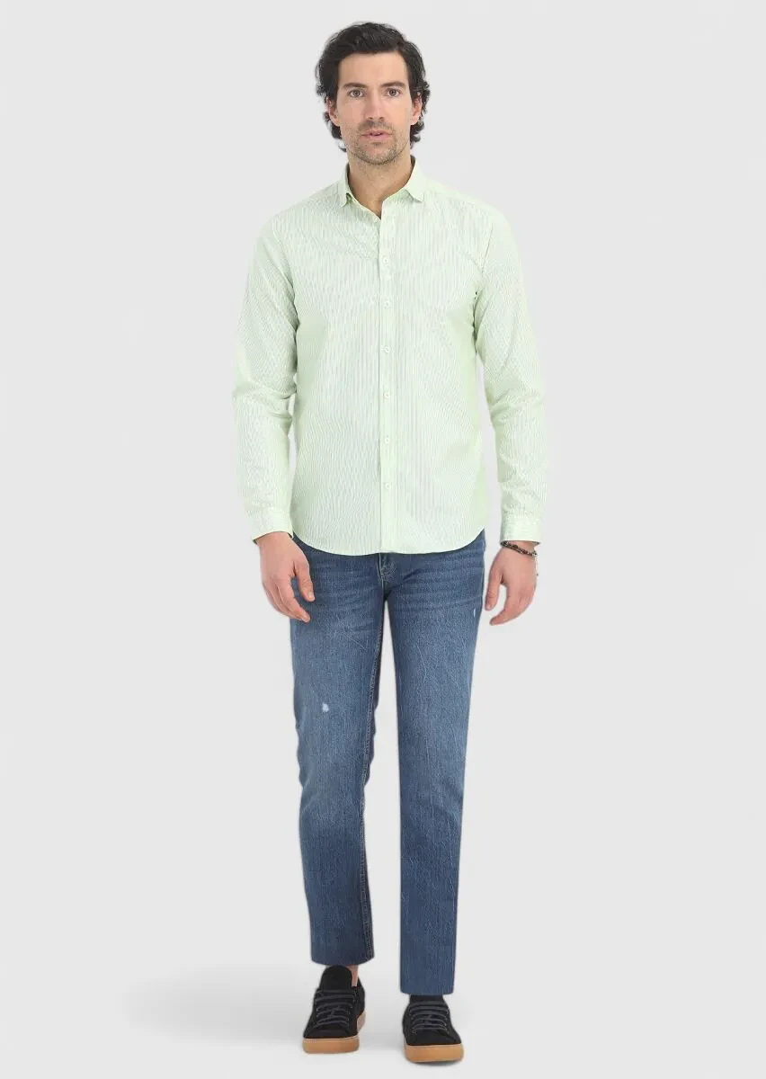 Yeşil Çizgili Regular Fit Dokuma Casual %100 Pamuk Gömlek - 1