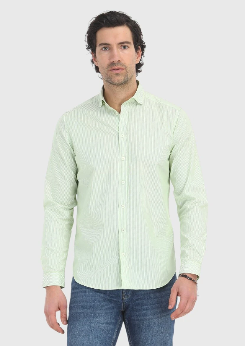 Yeşil Çizgili Regular Fit Dokuma Casual %100 Pamuk Gömlek - 2