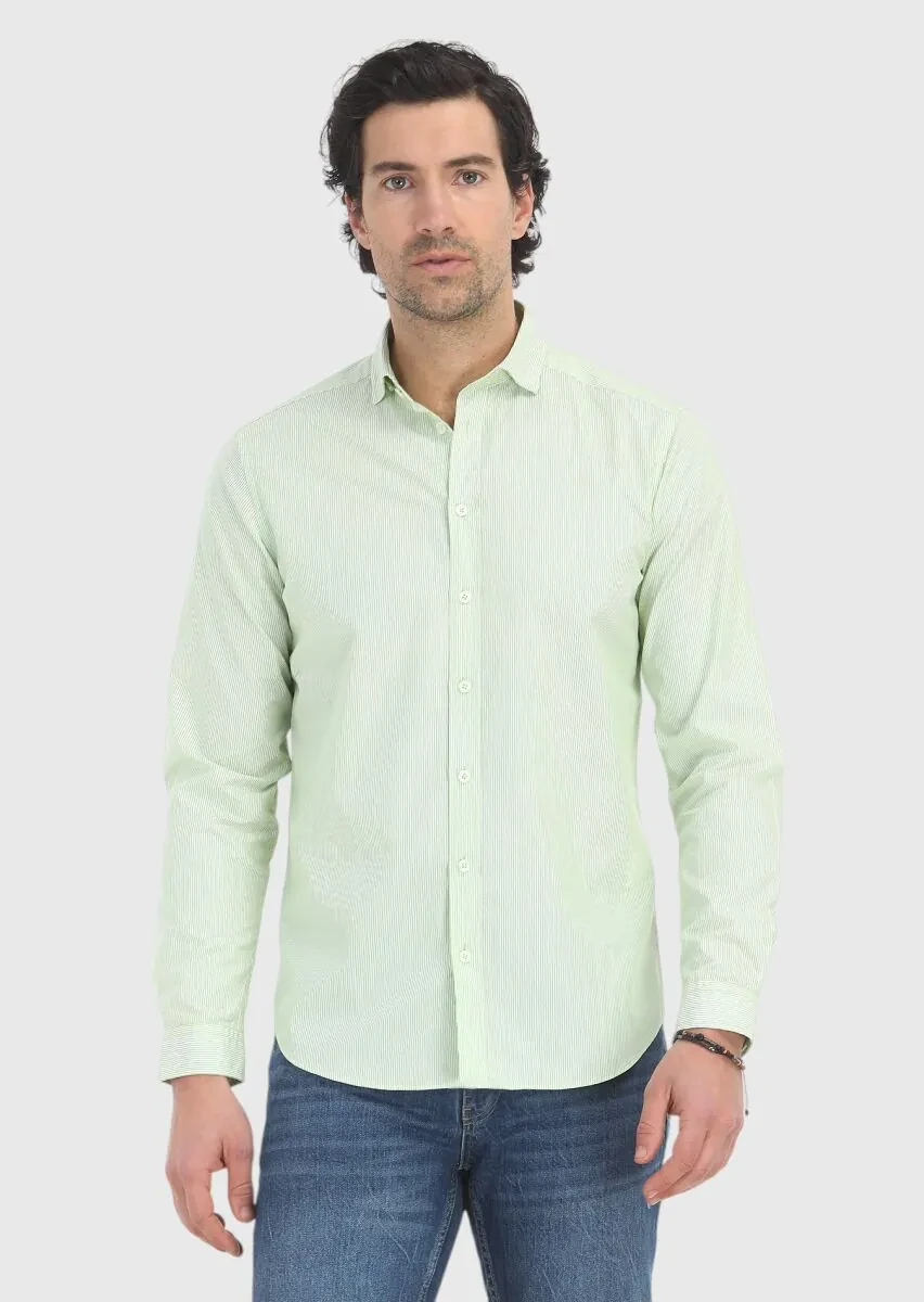 Yeşil Çizgili Regular Fit Dokuma Casual %100 Pamuk Gömlek - 2