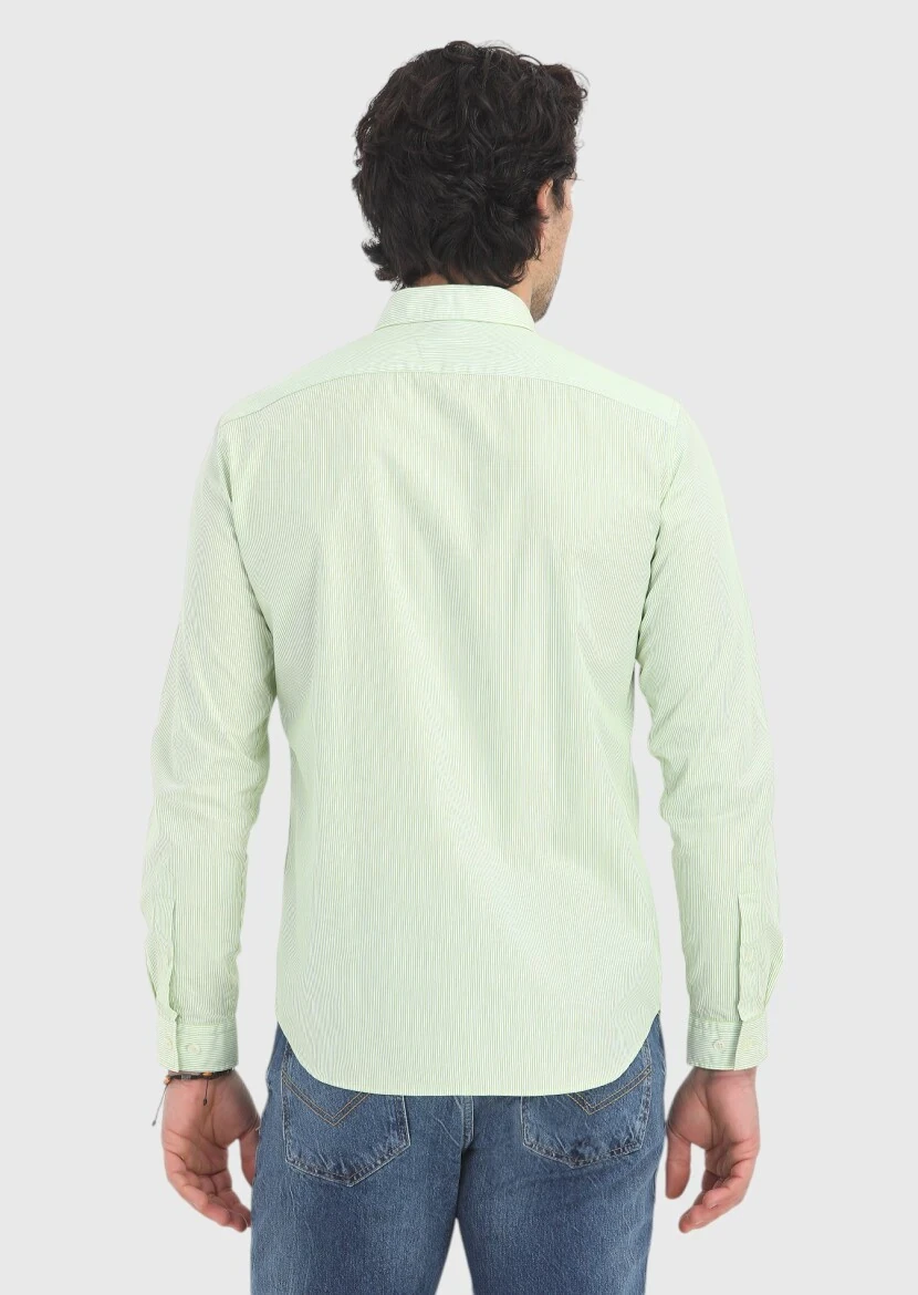 Yeşil Çizgili Regular Fit Dokuma Casual %100 Pamuk Gömlek - 4