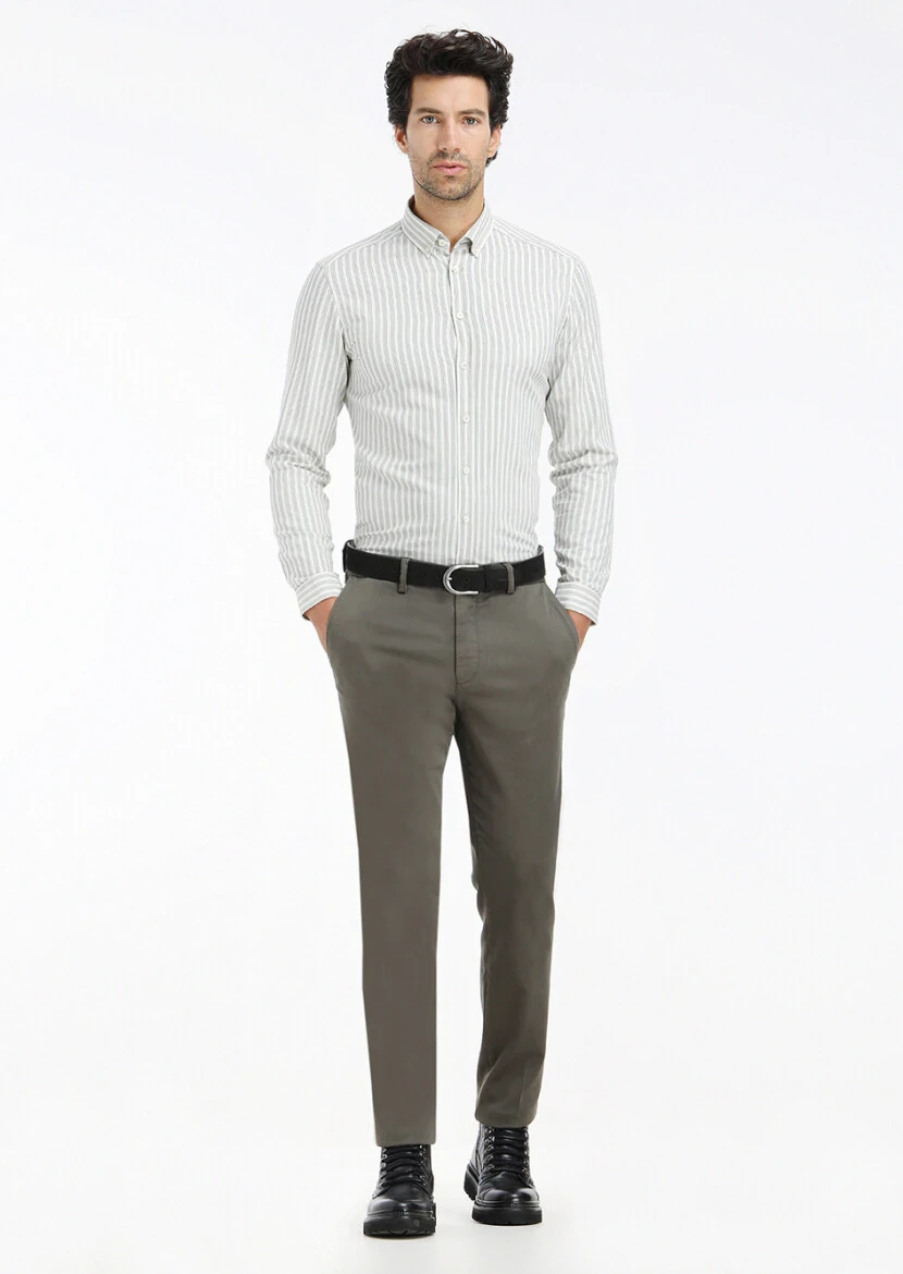 Yeşil Çizgili Regular Fit Dokuma Casual Pamuk Karışımlı Gömlek - 1