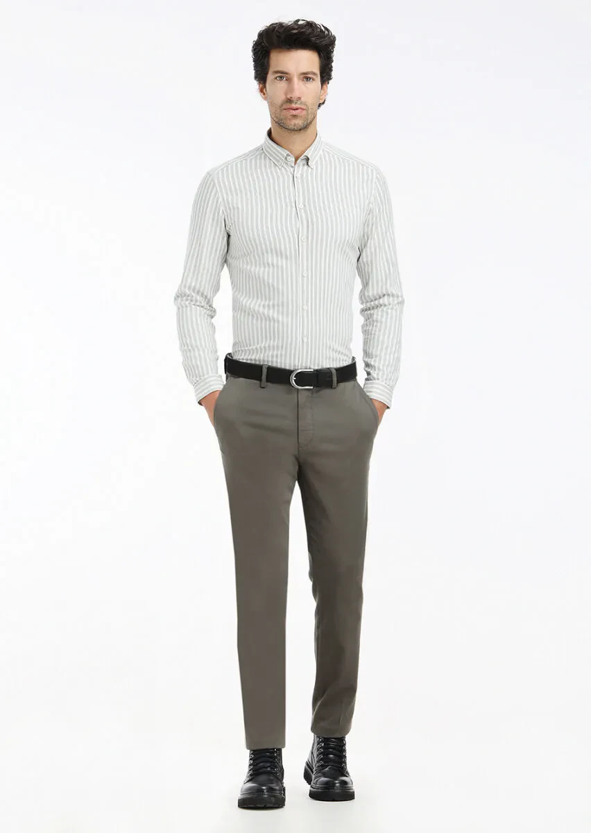Yeşil Çizgili Regular Fit Dokuma Casual Pamuk Karışımlı Gömlek - 1