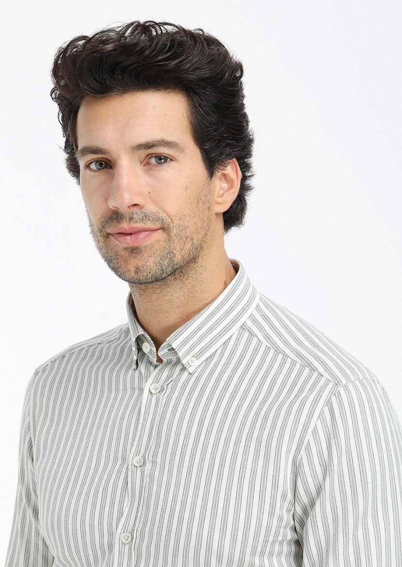 Yeşil Çizgili Regular Fit Dokuma Casual Pamuk Karışımlı Gömlek - 2