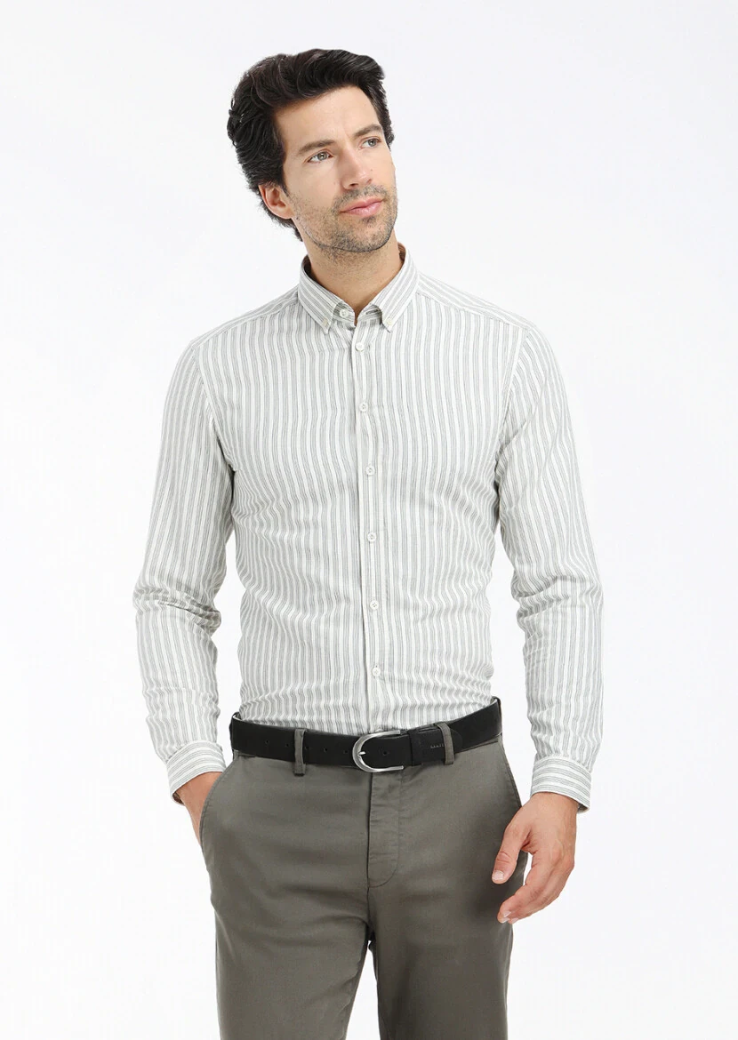 Yeşil Çizgili Regular Fit Dokuma Casual Pamuk Karışımlı Gömlek - 3