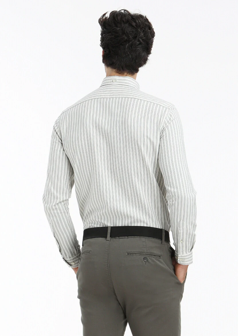 Yeşil Çizgili Regular Fit Dokuma Casual Pamuk Karışımlı Gömlek - 4