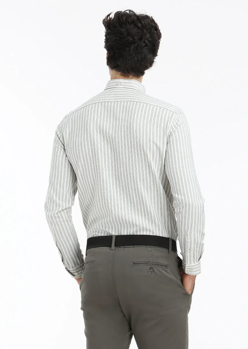 Yeşil Çizgili Regular Fit Dokuma Casual Pamuk Karışımlı Gömlek - 4