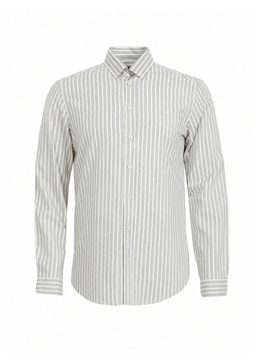 Yeşil Çizgili Regular Fit Dokuma Casual Pamuk Karışımlı Gömlek - 5