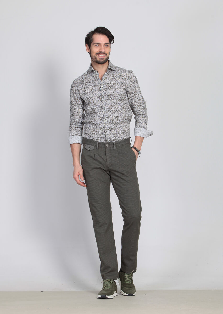 Yeşil Desenli Dokuma Regular Fit Casual Pamuk Karışımlı Pantolon - 1