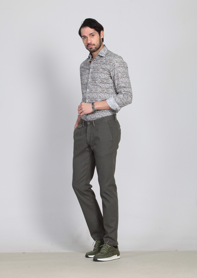 Yeşil Desenli Dokuma Regular Fit Casual Pamuk Karışımlı Pantolon - 2