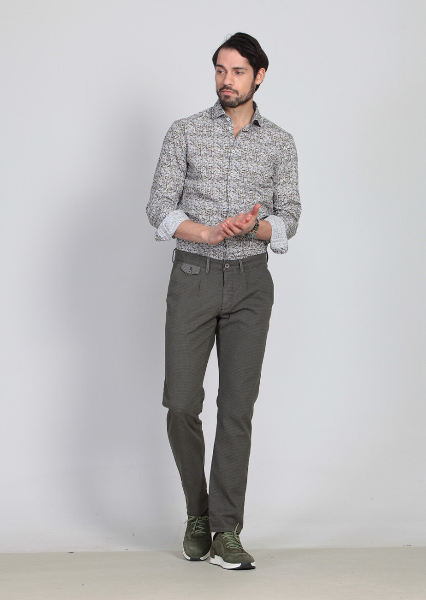 Yeşil Desenli Dokuma Regular Fit Casual Pamuk Karışımlı Pantolon - 3