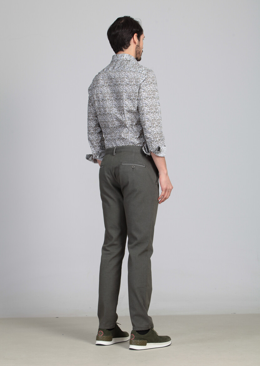 Yeşil Desenli Dokuma Regular Fit Casual Pamuk Karışımlı Pantolon - 5