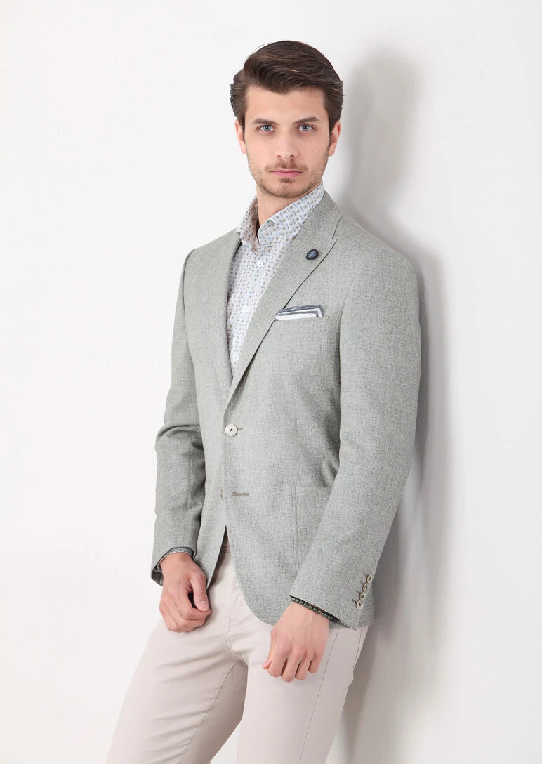 Yeşil Desenli Zeroweight-slim Fit Yün Karışımlı Ceket - 1