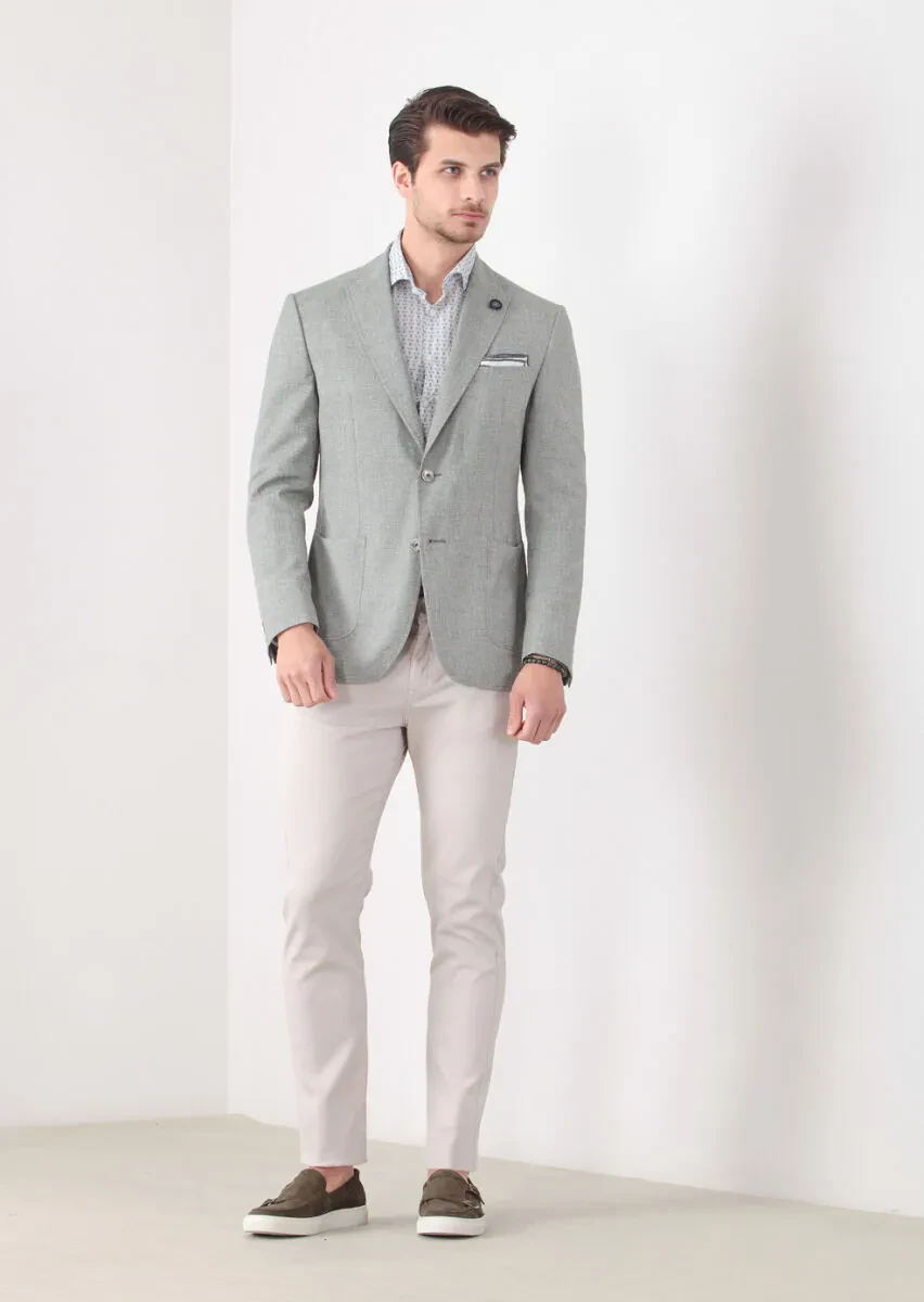 Yeşil Desenli Zeroweight-slim Fit Yün Karışımlı Ceket - 3